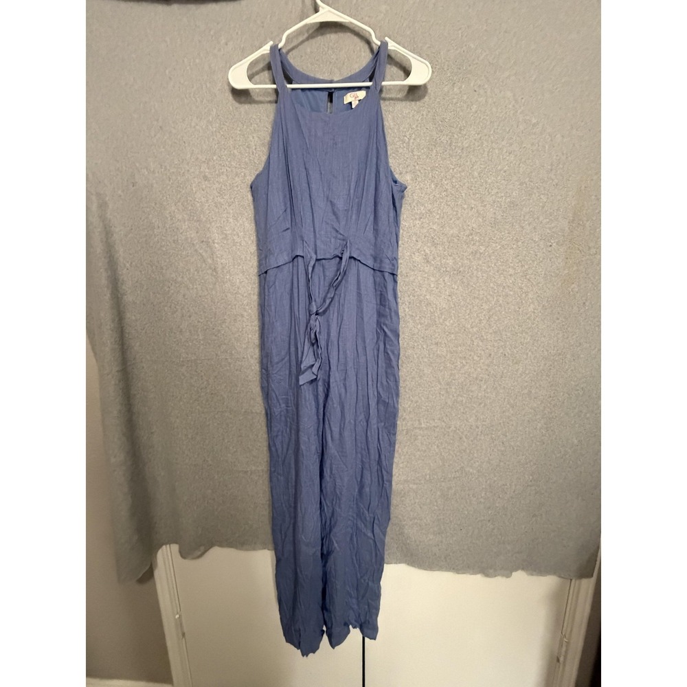 GB Girls Jumpsuit Girls 18 Blue Linen High Neck Tie Waist Wide Leg Spring It On